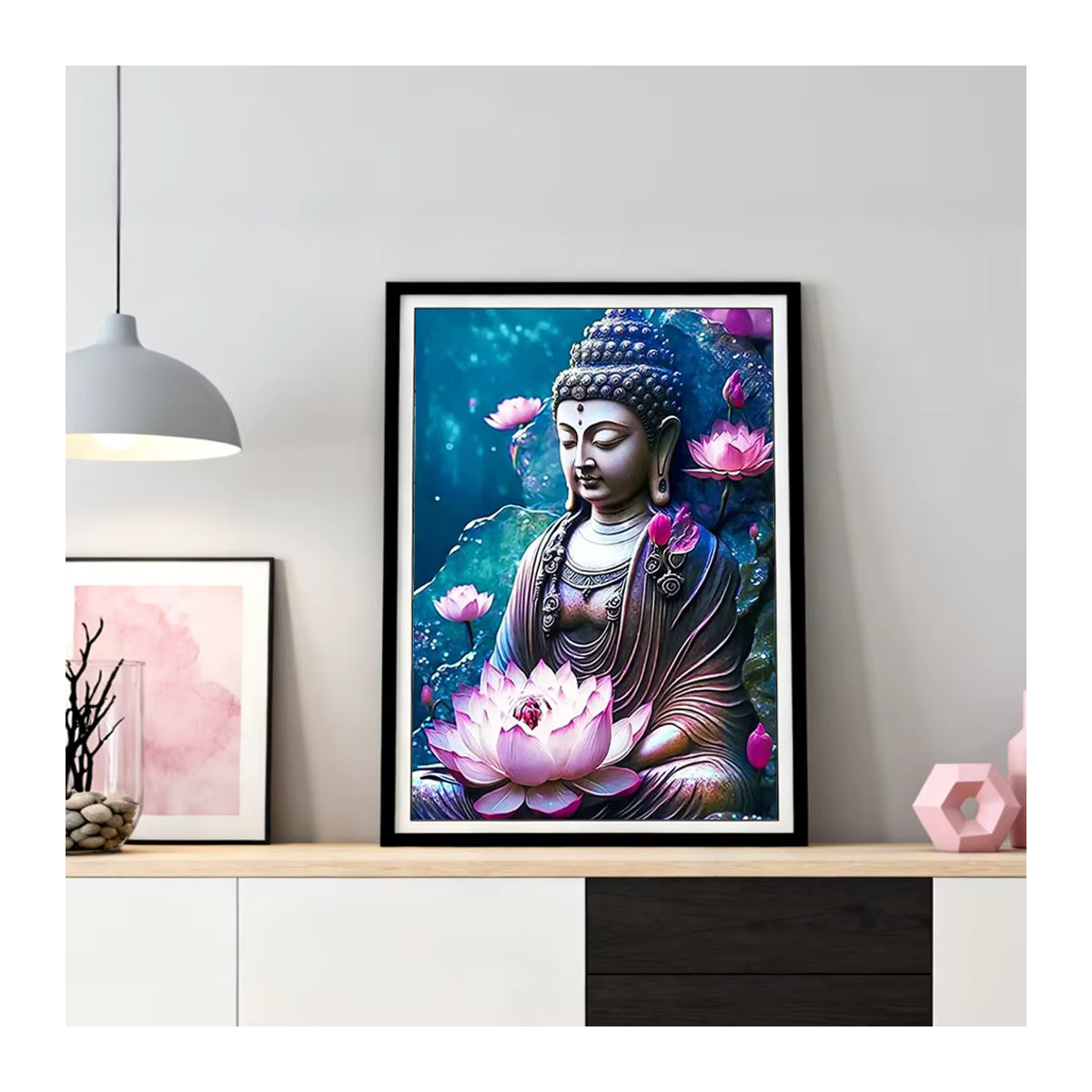 HUACAN Diamantmalerei Set Buddha Porträt mit Lotusblume, mehrfarbig, rund, Wandkunst für Erwachsene - Bild 3