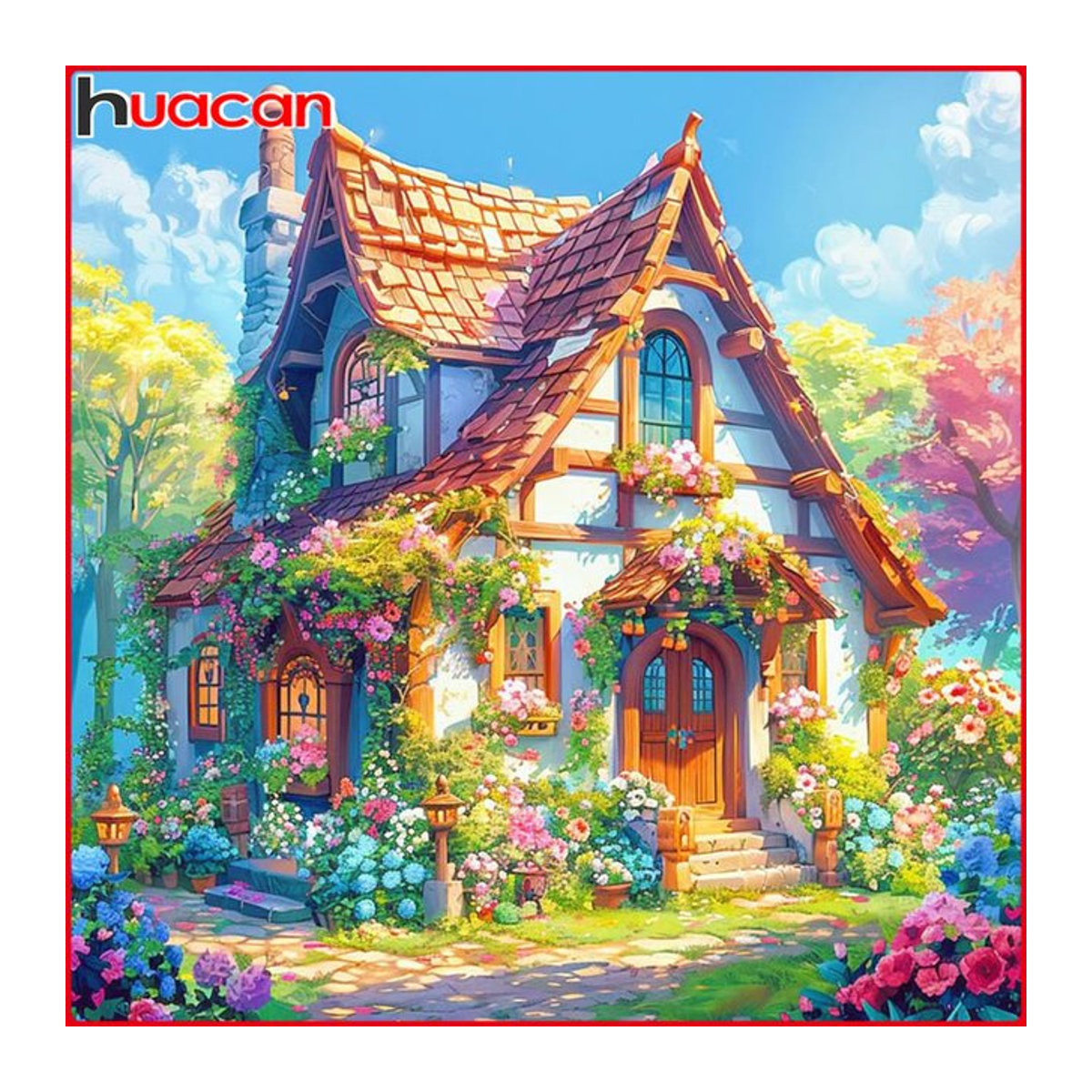 Huacan Diamantmalerei Set Frühling Haus Landschaft mit Blumen in Mehrfarbig mit Rundbohrern - Bild 1