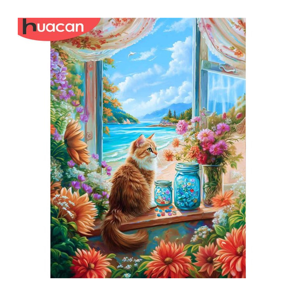 Huacan Diamantmalerei Set mit Katze und Herbst-Motiv, Mehrfarbiges Mosaik-Wanddekor mit Blumen und Landschaft aus Kunststoff - Bild 1