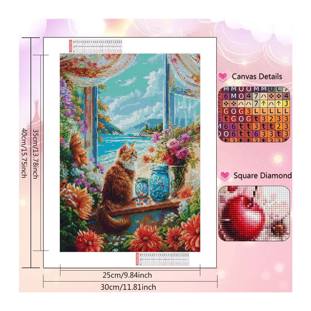 Huacan Diamantmalerei Set mit Katze und Herbst-Motiv, Mehrfarbiges Mosaik-Wanddekor mit Blumen und Landschaft aus Kunststoff - Bild 3