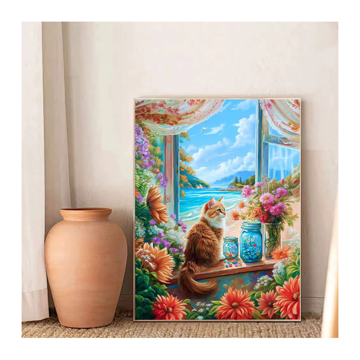 Huacan Diamantmalerei Set mit Katze und Herbst-Motiv, Mehrfarbiges Mosaik-Wanddekor mit Blumen und Landschaft aus Kunststoff - Bild 4