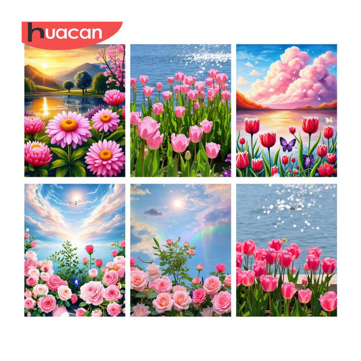 HUACAN Diamantmalerei Set Sonnenuntergang und Blumen Landschaft als 5D DIY Kunst Mosaik mit runden Steinen in Mehrfarbig - Bild 1