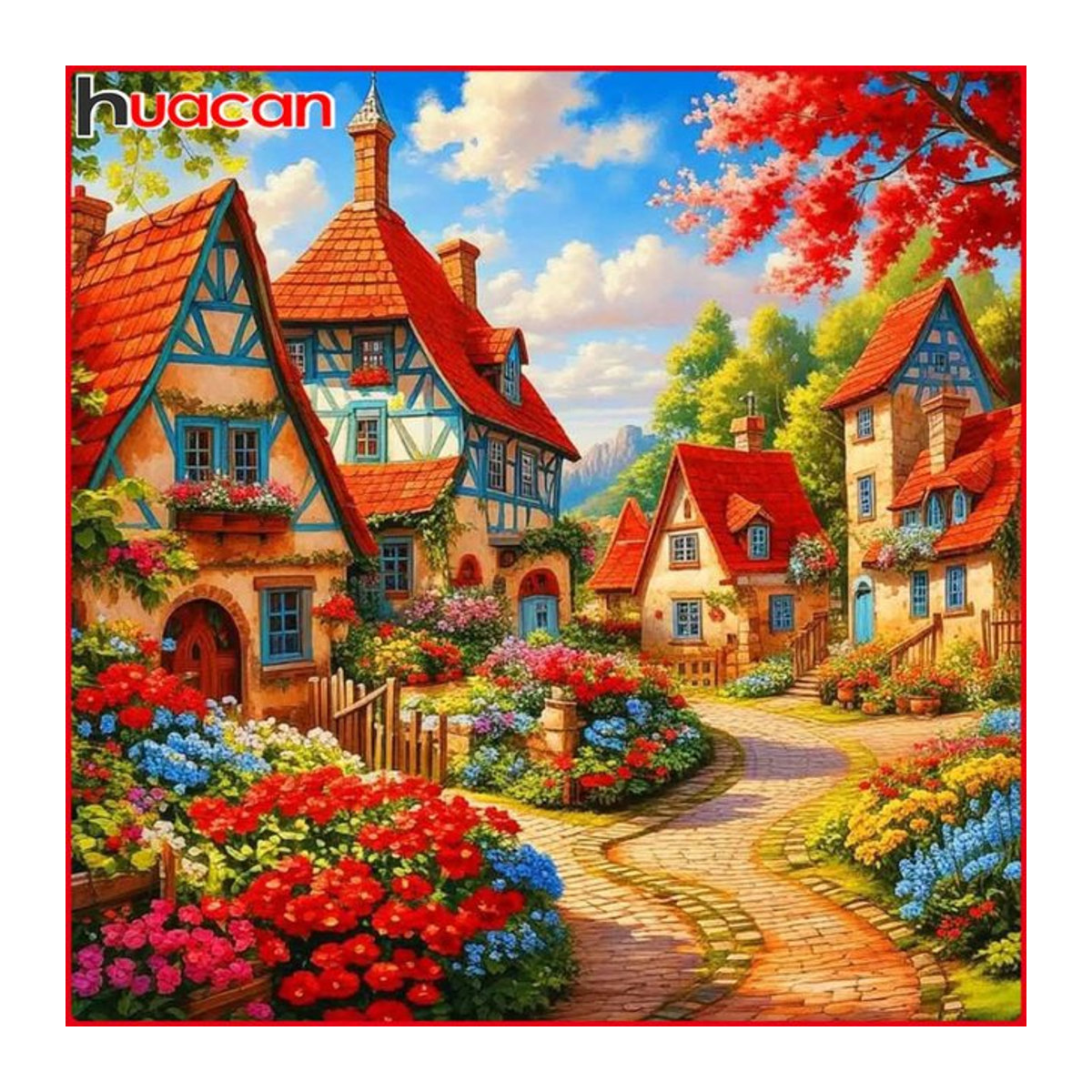 Huacan Diamantmalerei Straßenblumenhaus als Diamantmosaik Set mit Landschaftsmotiv in mehrfarbig, quadratisch, B/H: 20 x 20 cm - Bild 1