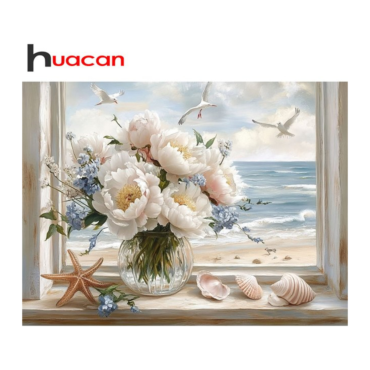 Huacan Diamantmalerei Wanddekoration mit floralem Motiv und Küstenlandschaft, mehrfarbig, B: 30 cm, H: 20 cm - Bild 1