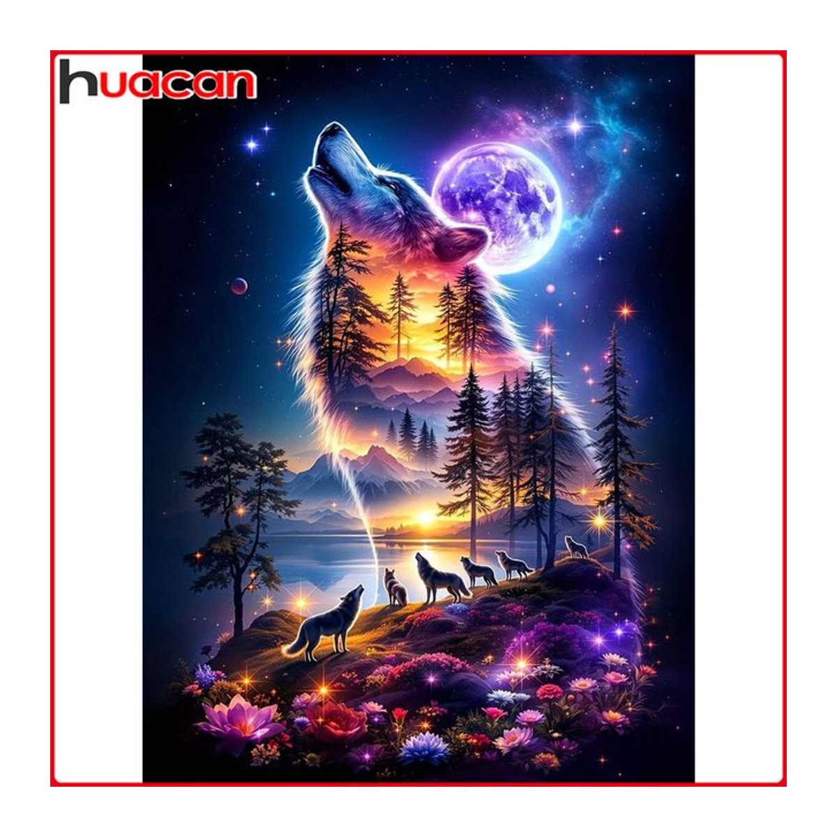 Huacan Diamantmalerei Wolf am Mond als Diamantmosaik Tier-Landschaft Set in Mehrfarbig - Bild 1