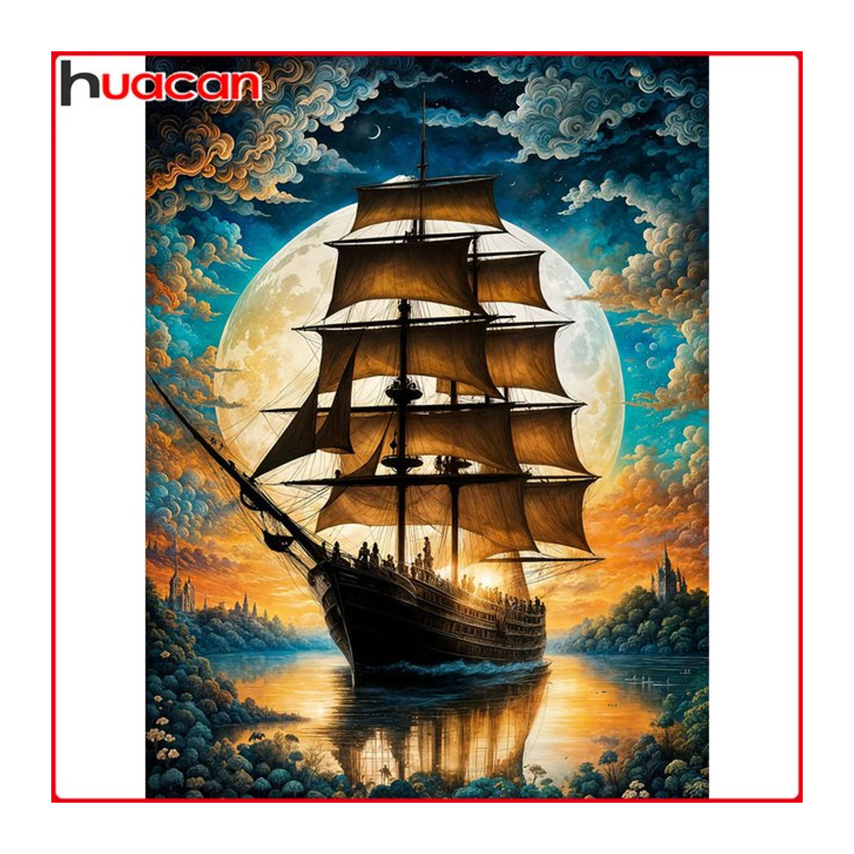 Huacan Diamantstickerei Rundes Landschaftsgemälde Mond und Segelboot in Mehrfarbig mit maritimem Motiv Durchmesser: 30 cm - Bild 1