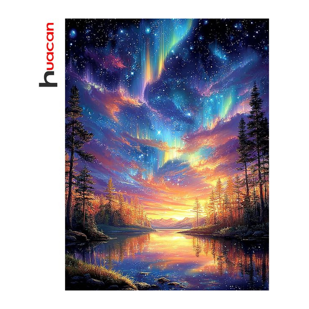 Huacan Diamond Painting Aurora Fluss Wald Landschaft Mosaik Bild mit runden Strasssteinen in Mehrfarbig - Bild 1
