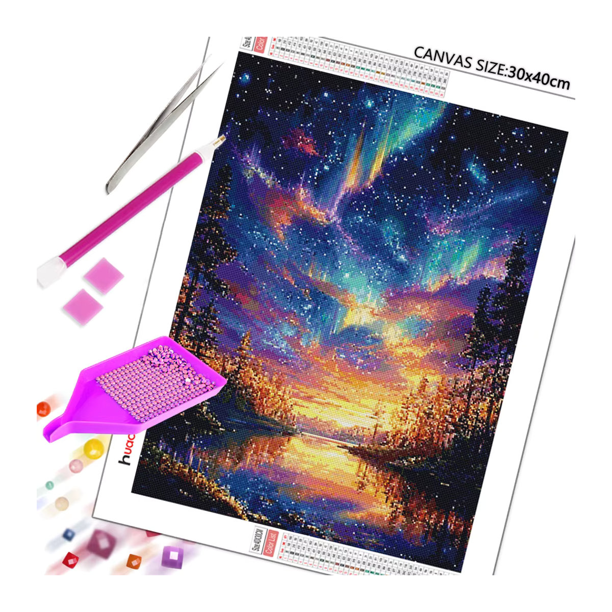 Huacan Diamond Painting Aurora Fluss Wald Landschaft Mosaik Bild mit runden Strasssteinen in Mehrfarbig - Bild 2