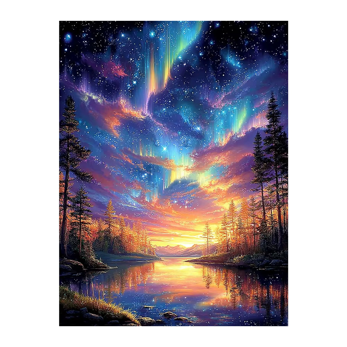 Huacan Diamond Painting Aurora Fluss Wald Landschaft Mosaik Bild mit runden Strasssteinen in Mehrfarbig - Bild 5
