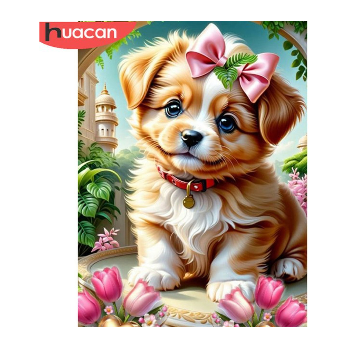 Huacan Diamond Painting Set 5D Hund und Blumen Mosaik Strass Bild als Wanddekoration für dein Wohnzimmer, mehrfarbig - Bild 1