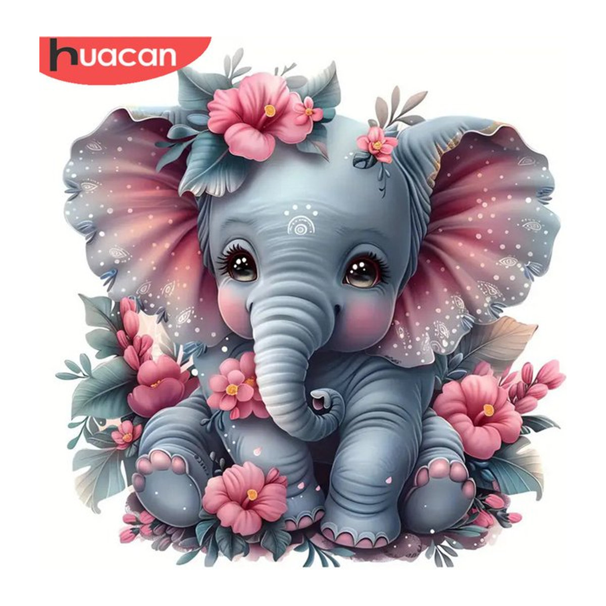 Huacan Diamond Painting Set Elefant Motiv mit Blumen als DIY Mosaik Stickerei in Mehrfarbig - Bild 1