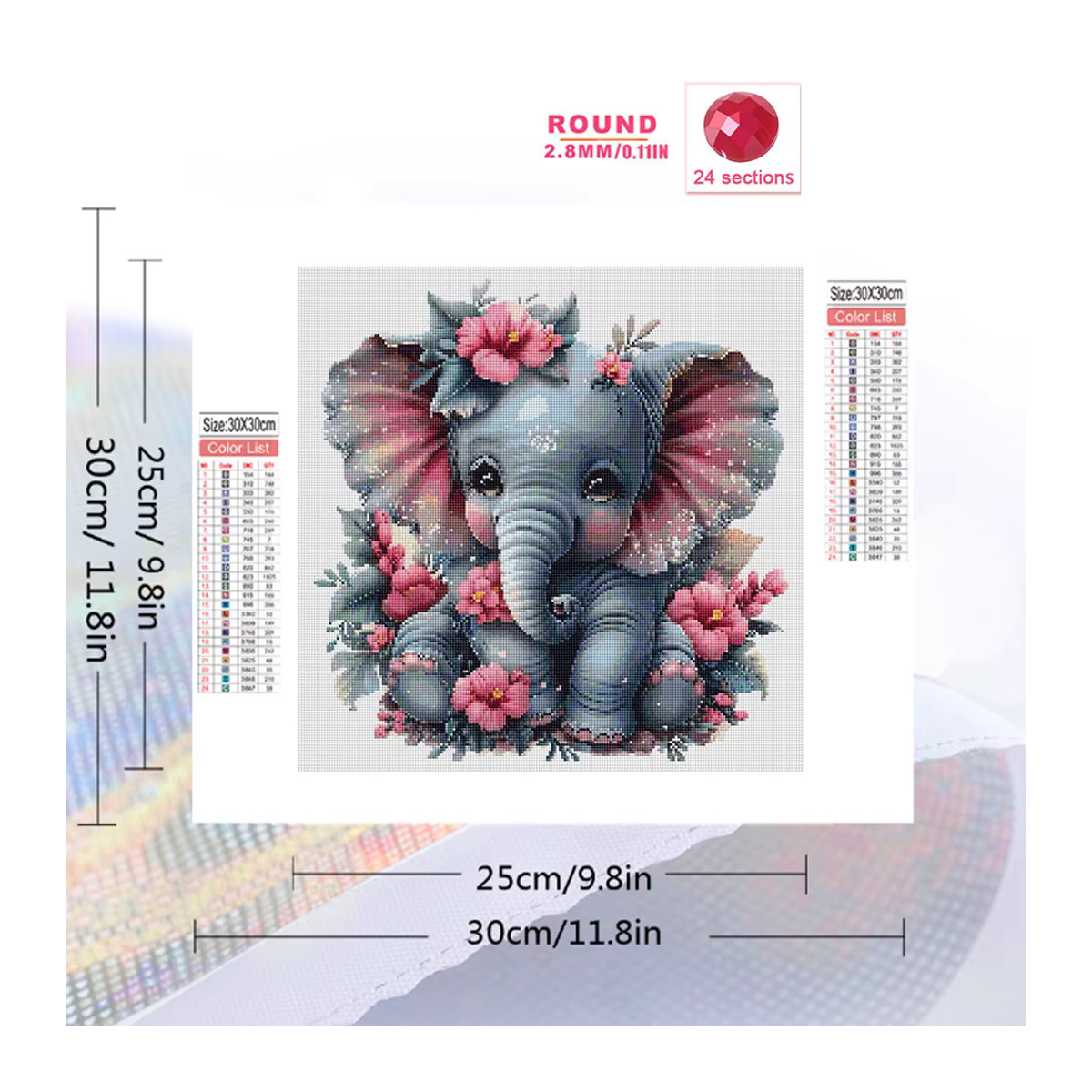 Huacan Diamond Painting Set Elefant Motiv mit Blumen als DIY Mosaik Stickerei in Mehrfarbig - Bild 2