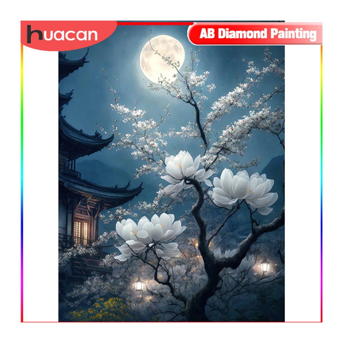 HUACAN Diamond Painting Set Mond und Blumen Motiv in Mehrfarbig mit runden Steinen zur Dekoration - Bild 1