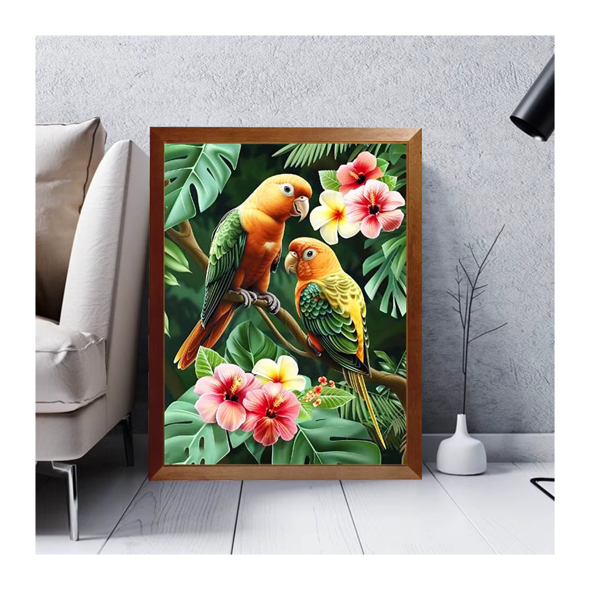 Huacan Diamond Painting Set Papagei Mosaik mit floralem Design, rund, mehrfarbig, B/T/H: 20 x 30 x 20 cm - Bild 3