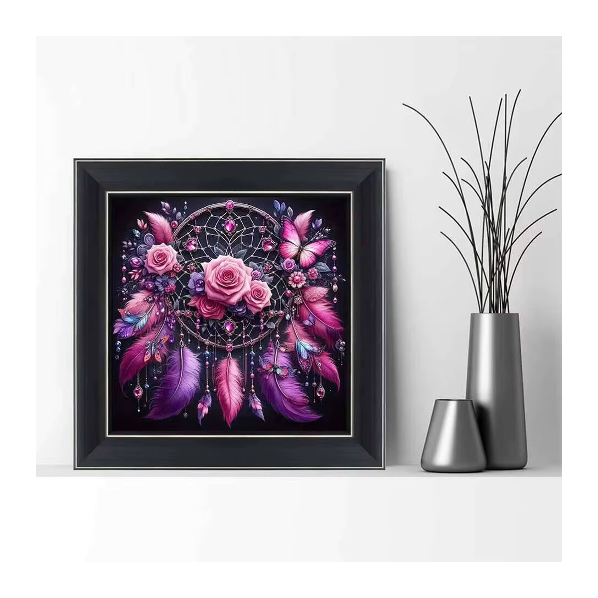 Huacan DIY Diamant Malerei Traumfänger mit Rose, Blume und Schmetterling als 5D Diamant Stickerei Mosaik Wanddekoration in Mehrfarbig - Bild 3