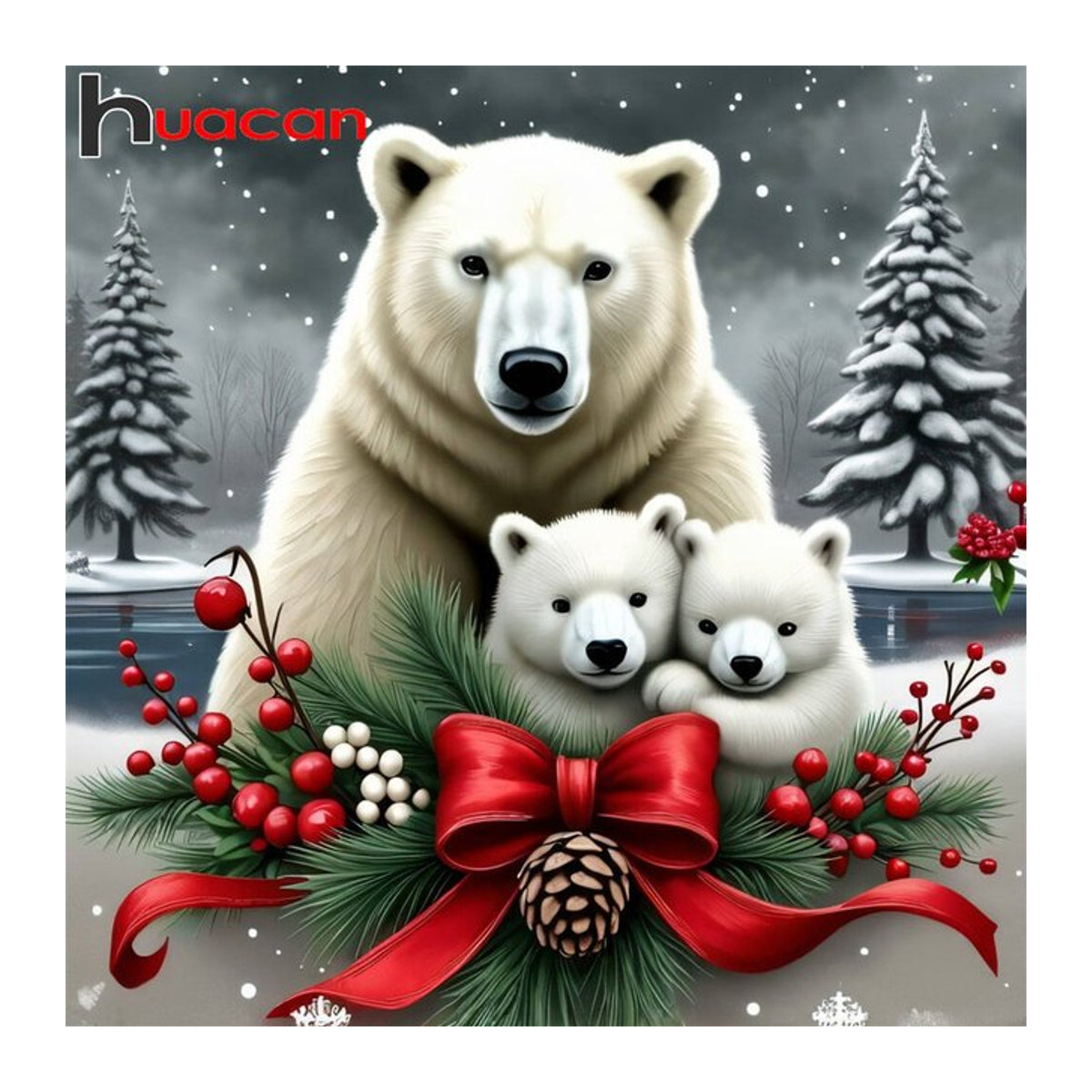 HUACAN DIY Diamantmalerei Eisbär Winterlandschaft als rundes 5D Diamant Mosaik Bild in Mehrfarbig - Bild 1