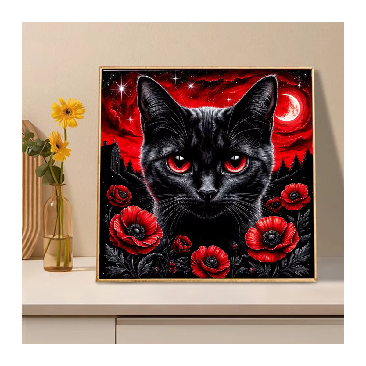 Huacan DIY Diamantmalerei Katze mit Blumen als rundes Mosaik-Tierbild in Mehrfarbig zur Heimdekoration - Bild 2