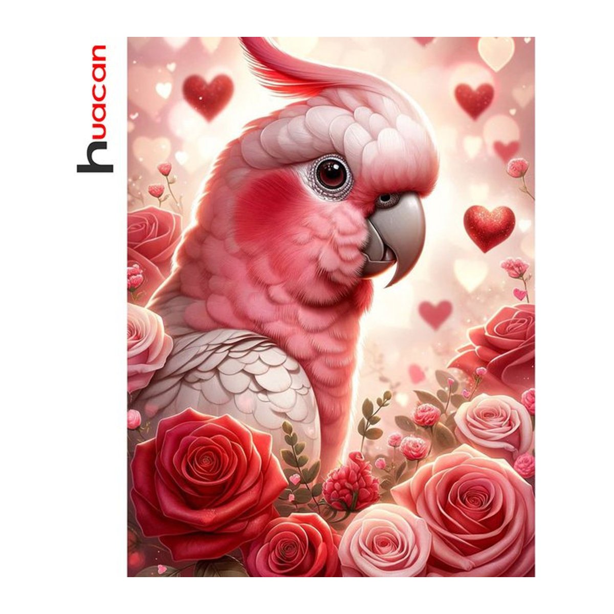 Huacan DIY Diamantmalerei Papagei mit Blumen und Rosen in Rosa als Wandbild mit runden Steinen - Bild 1