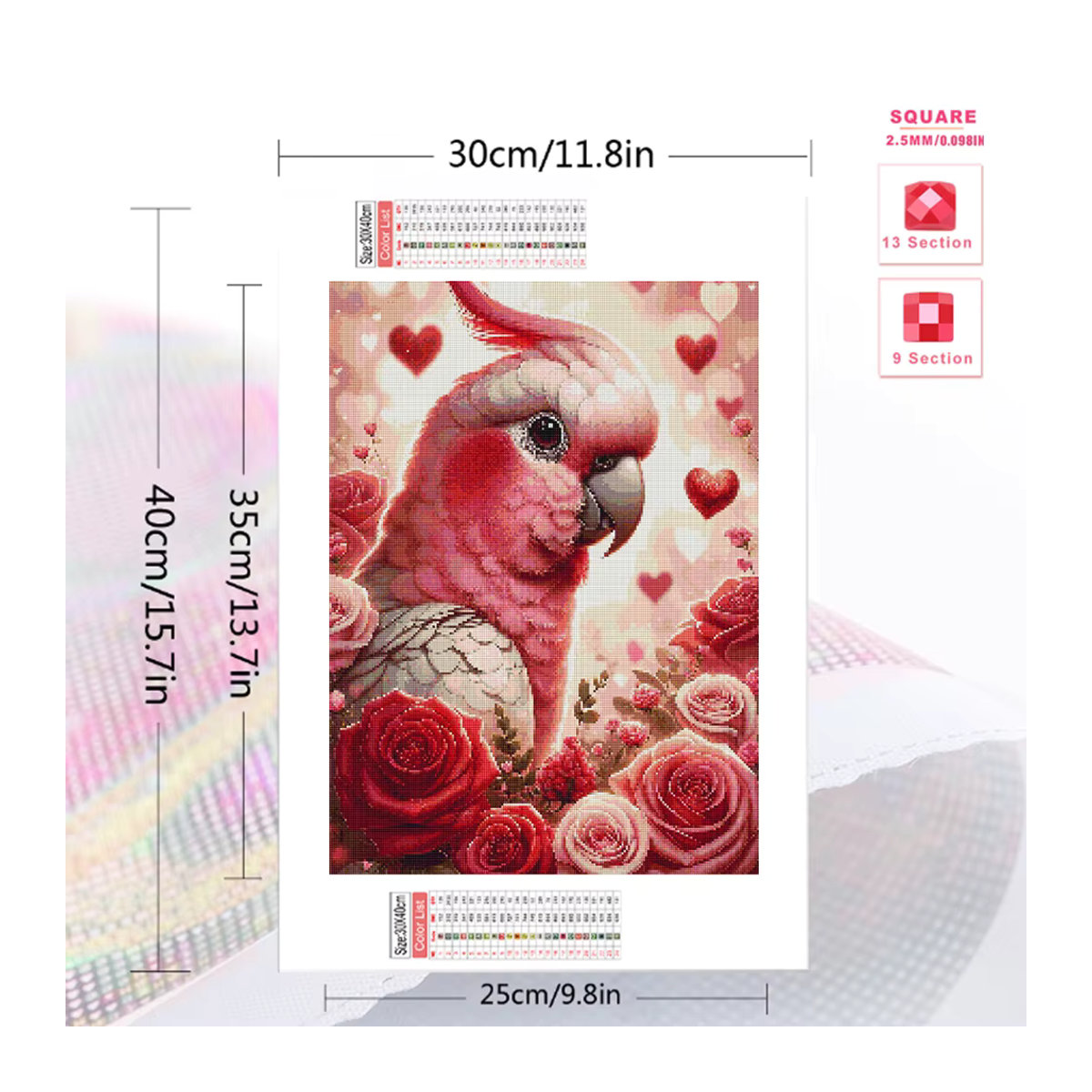 Huacan DIY Diamantmalerei Papagei mit Blumen und Rosen in Rosa als Wandbild mit runden Steinen - Bild 2