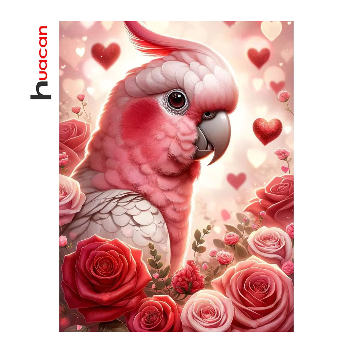 Huacan DIY Diamantmalerei Papagei mit Blumen und Rosen in Rosa als Wandbild mit runden Steinen - Bild 4