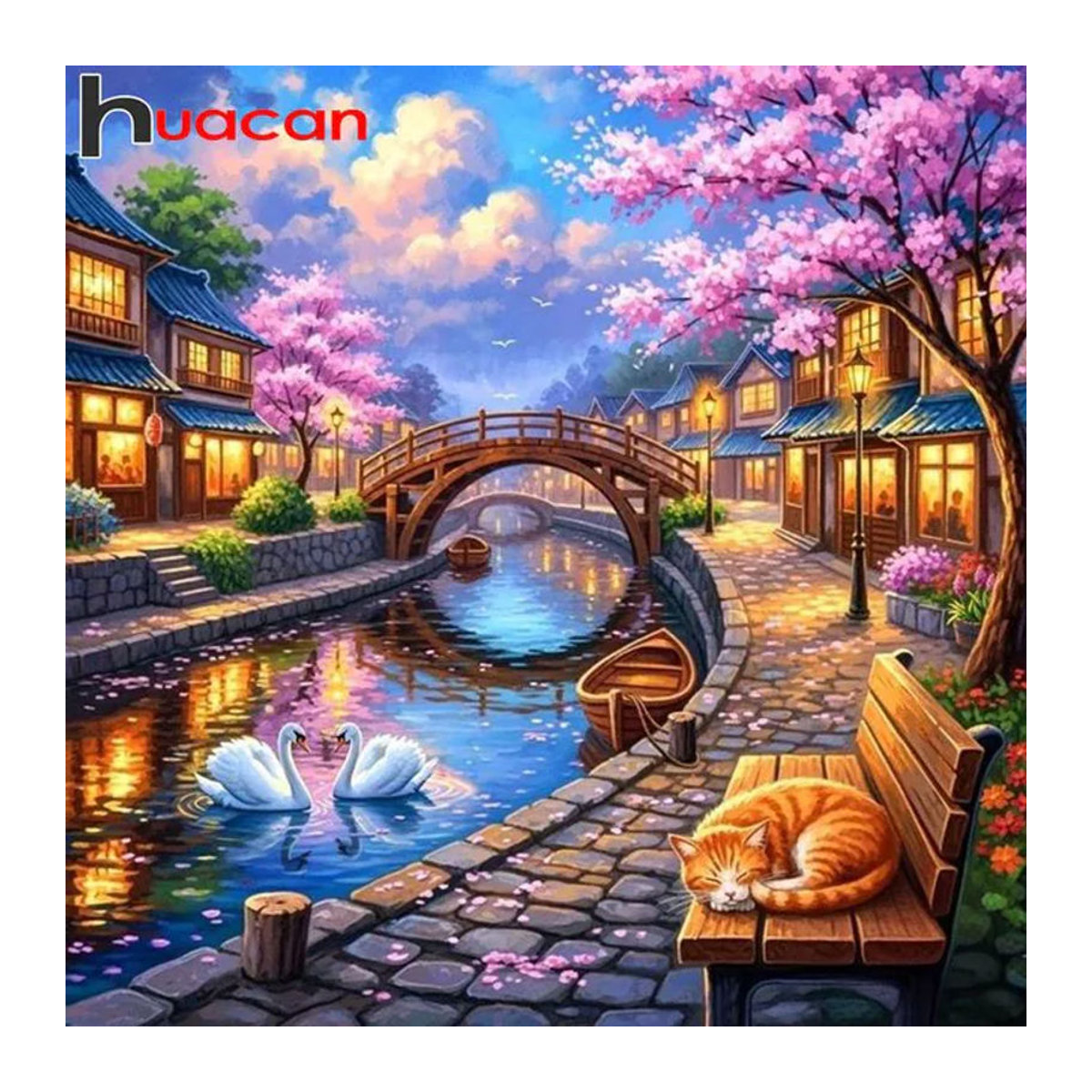 Huacan DIY Diamantmalerei Schwanensee Katze als mehrfarbiges Mosaik-Landschaftsbild zur Wandmontage - Bild 1