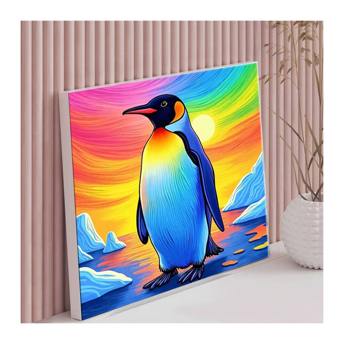 HUACAN Malen nach Zahlen Set bunter Pinguin im Sonnenuntergang als surreales DIY Kunstwerk in Mehrfarbig - Bild 3