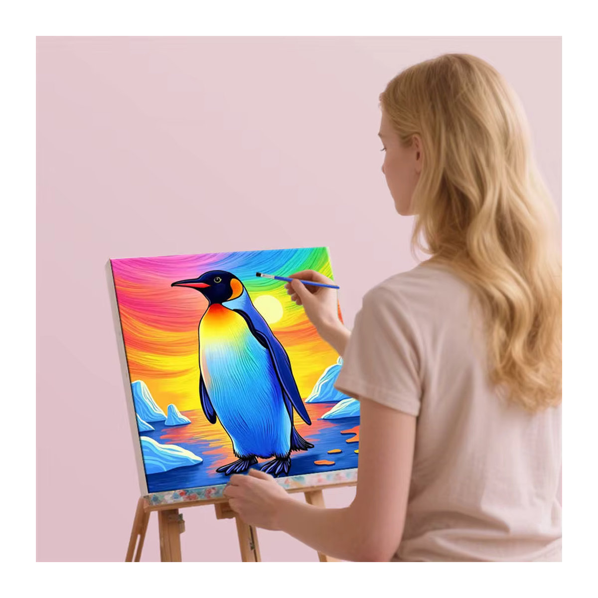 HUACAN Malen nach Zahlen Set bunter Pinguin im Sonnenuntergang als surreales DIY Kunstwerk in Mehrfarbig - Bild 4