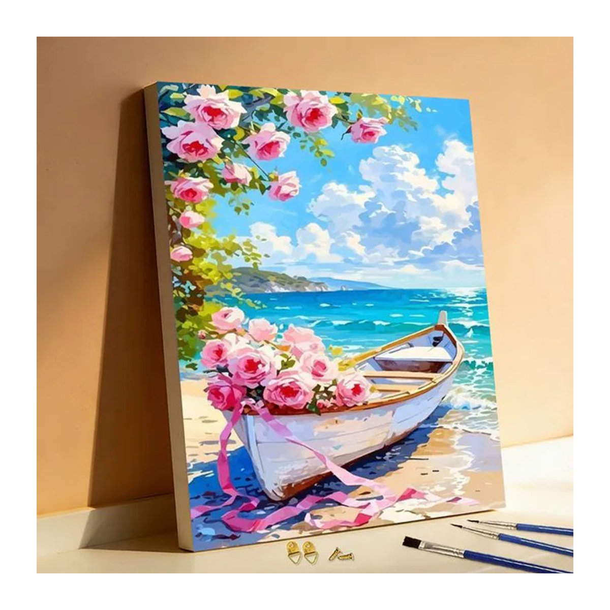 Huacan Malen nach Zahlen Set Meeresküstenlandschaft mit Boot und Rosen, Digitales Ölgemälde in Mehrfarbig, Hochformat, Rahmenlos - Bild 1