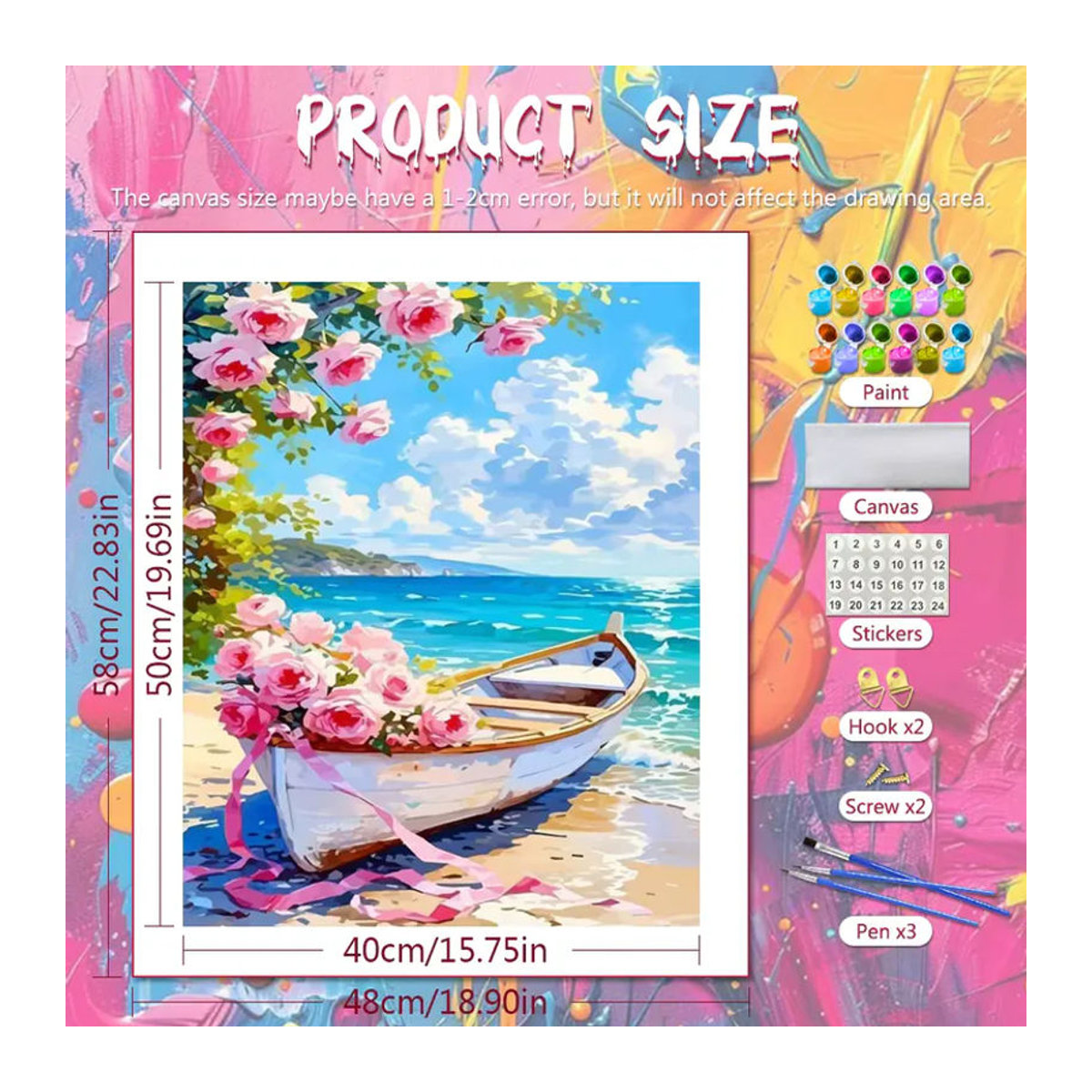 Huacan Malen nach Zahlen Set Meeresküstenlandschaft mit Boot und Rosen, Digitales Ölgemälde in Mehrfarbig, Hochformat, Rahmenlos - Bild 2