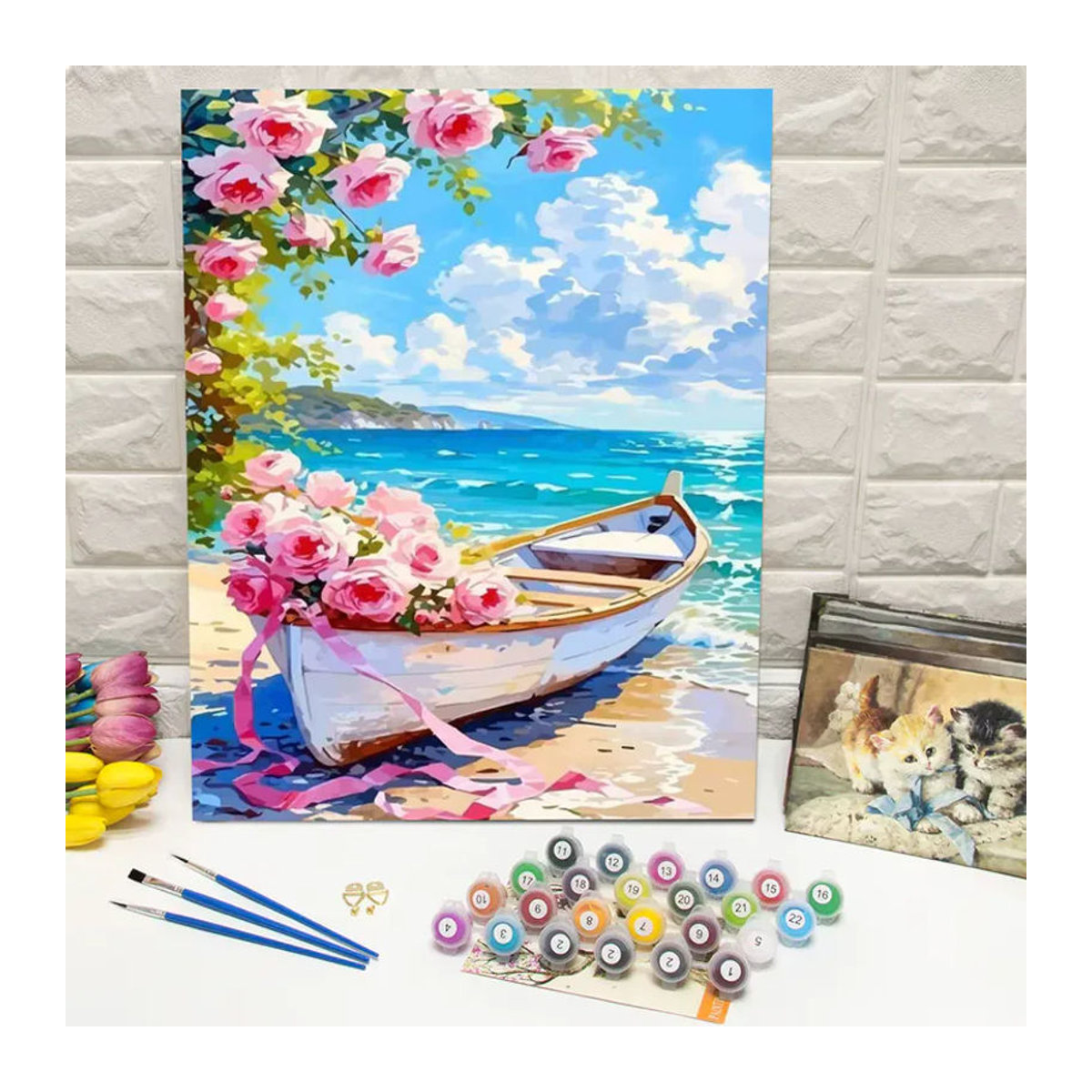 Huacan Malen nach Zahlen Set Meeresküstenlandschaft mit Boot und Rosen, Digitales Ölgemälde in Mehrfarbig, Hochformat, Rahmenlos - Bild 3