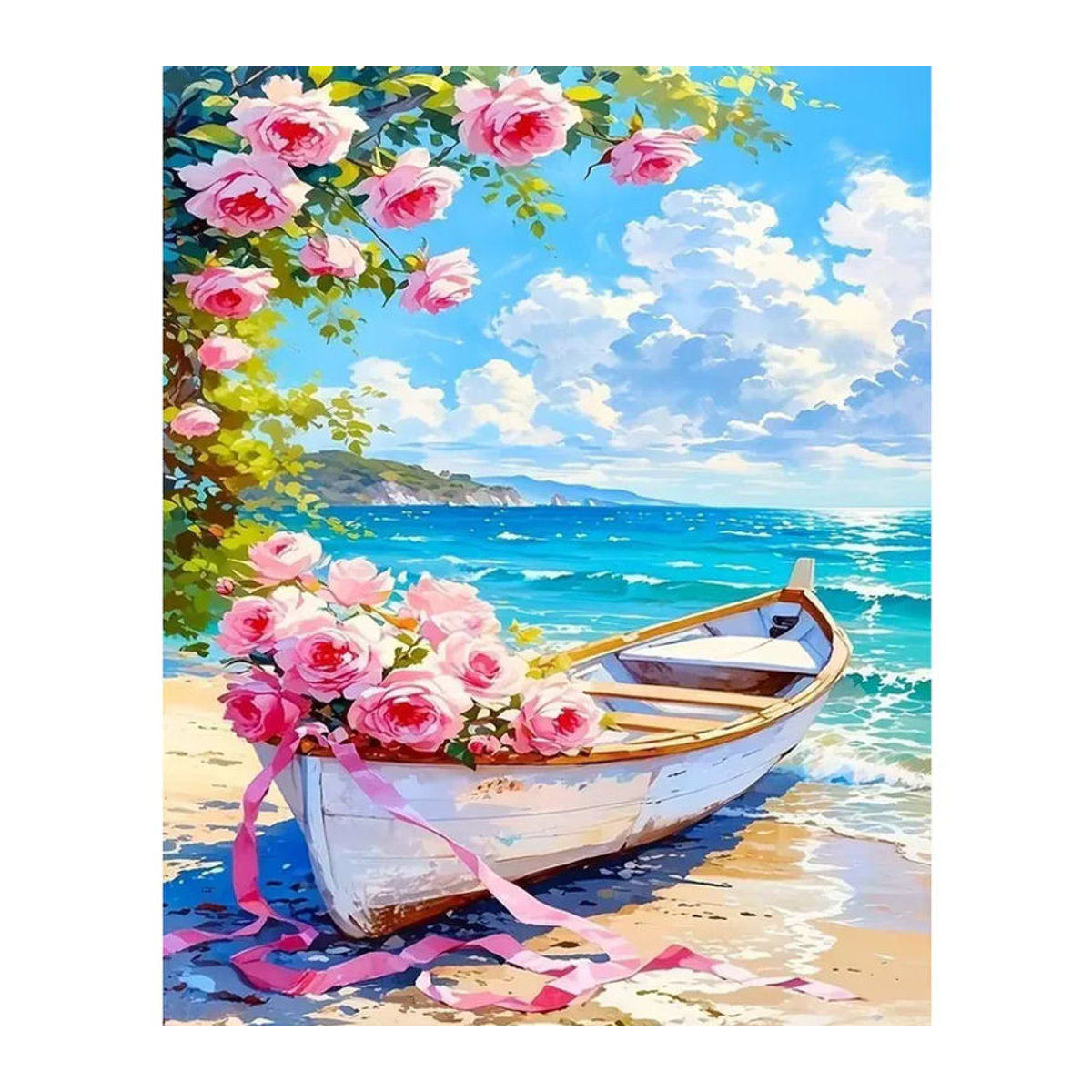 Huacan Malen nach Zahlen Set Meeresküstenlandschaft mit Boot und Rosen, Digitales Ölgemälde in Mehrfarbig, Hochformat, Rahmenlos - Bild 5