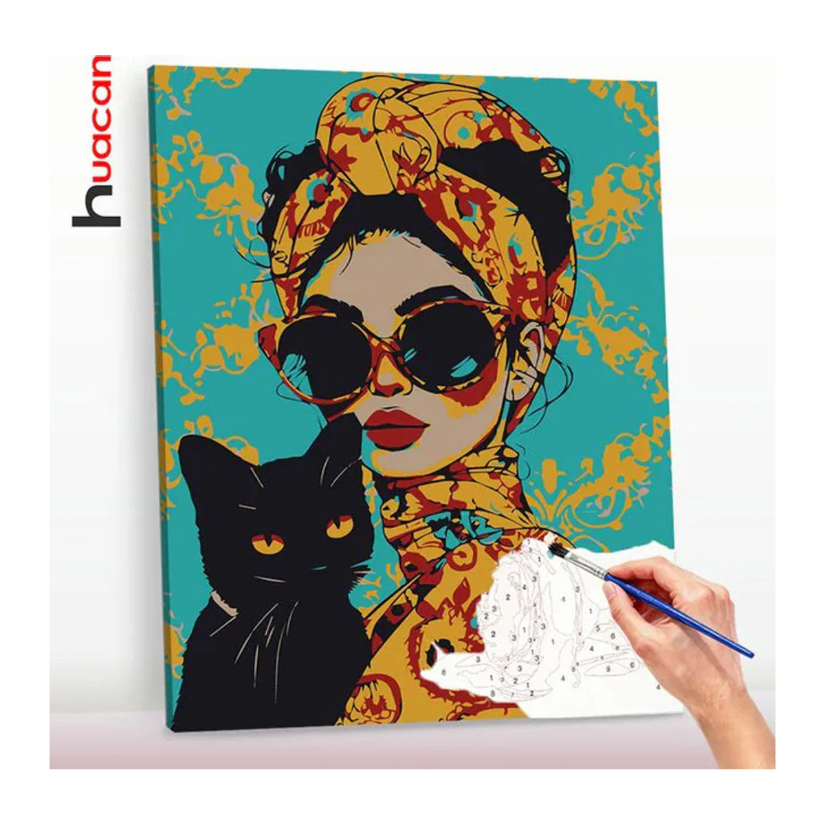 Huacan Malen nach Zahlen Set mit Porträt einer Frau und Katze im Bohemian Stil, mehrfarbiges Ölgemälde auf Leinwand zur Heimdekoration - Bild 1