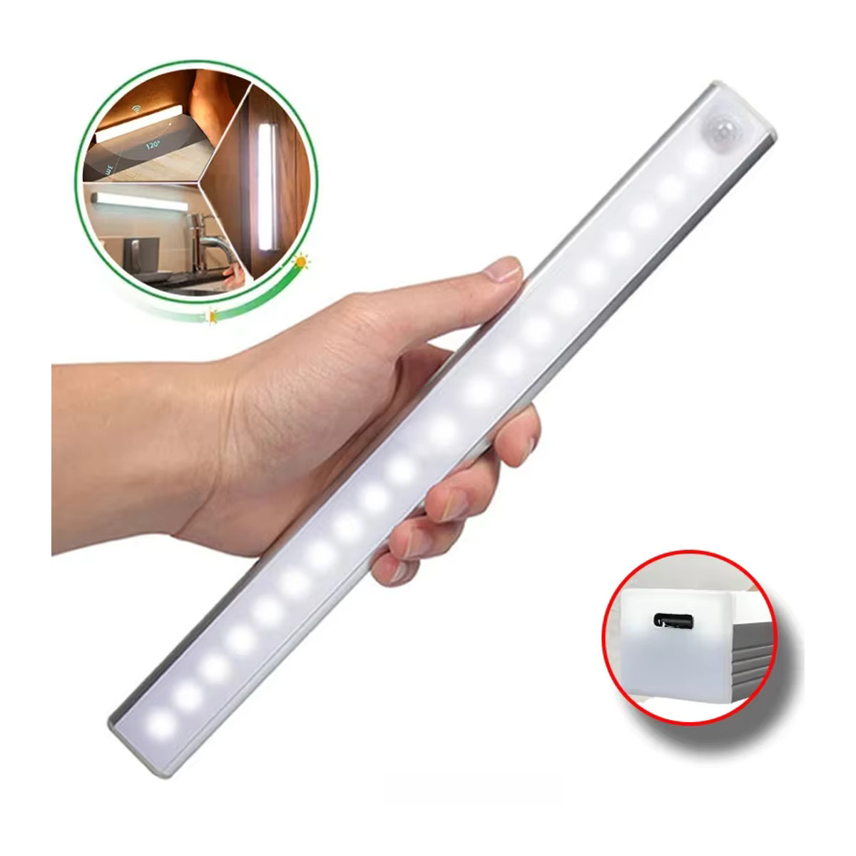 HUAJIANZM Minimalistisches LED Nachtlicht mit Bewegungssensor, kabelloses wiederaufladbares Typ-C Licht für Schrank, Garderobe, Treppe und Küche - Bild 1