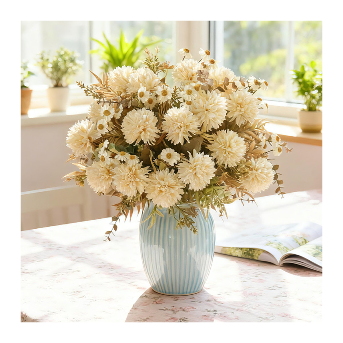 HUALIANQI Künstliche Chrysantheme als Einzelblume in Blau und Weiß für Dekorationen bei Hochzeiten oder im Garten - Bild 1
