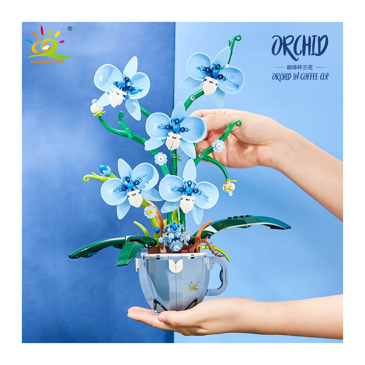HUIQIBAO 3D Bouquet MOC Bauklötze Orchidee in Kaffeetasse Blau DIY Pflanzendekoration aus Kunststoff - Bild 1