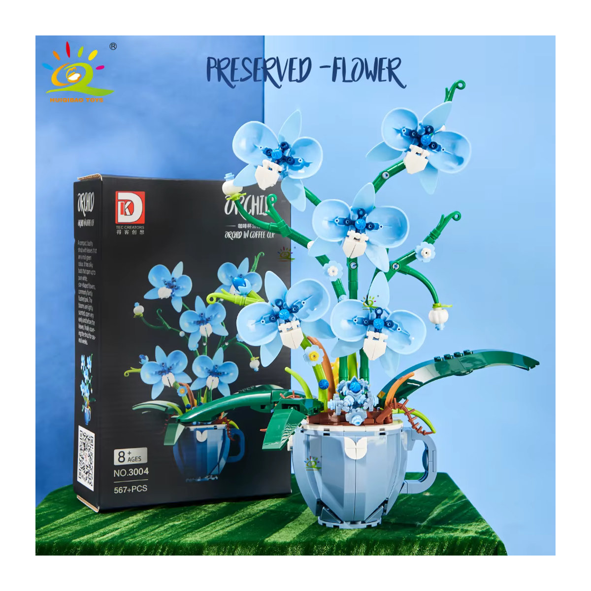 HUIQIBAO 3D Bouquet MOC Bauklötze Orchidee in Kaffeetasse Blau DIY Pflanzendekoration aus Kunststoff - Bild 2