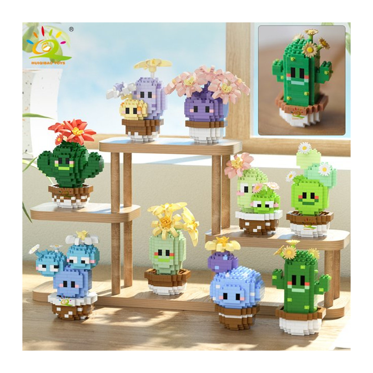 HUIQIBAO Mini MOC Kaktus Topfpflanze aus Micro Bausteinen, Mehrfarbiges DIY Modell aus Kunststoff zur Schreibtisch Dekoration für Kinder - Bild 1