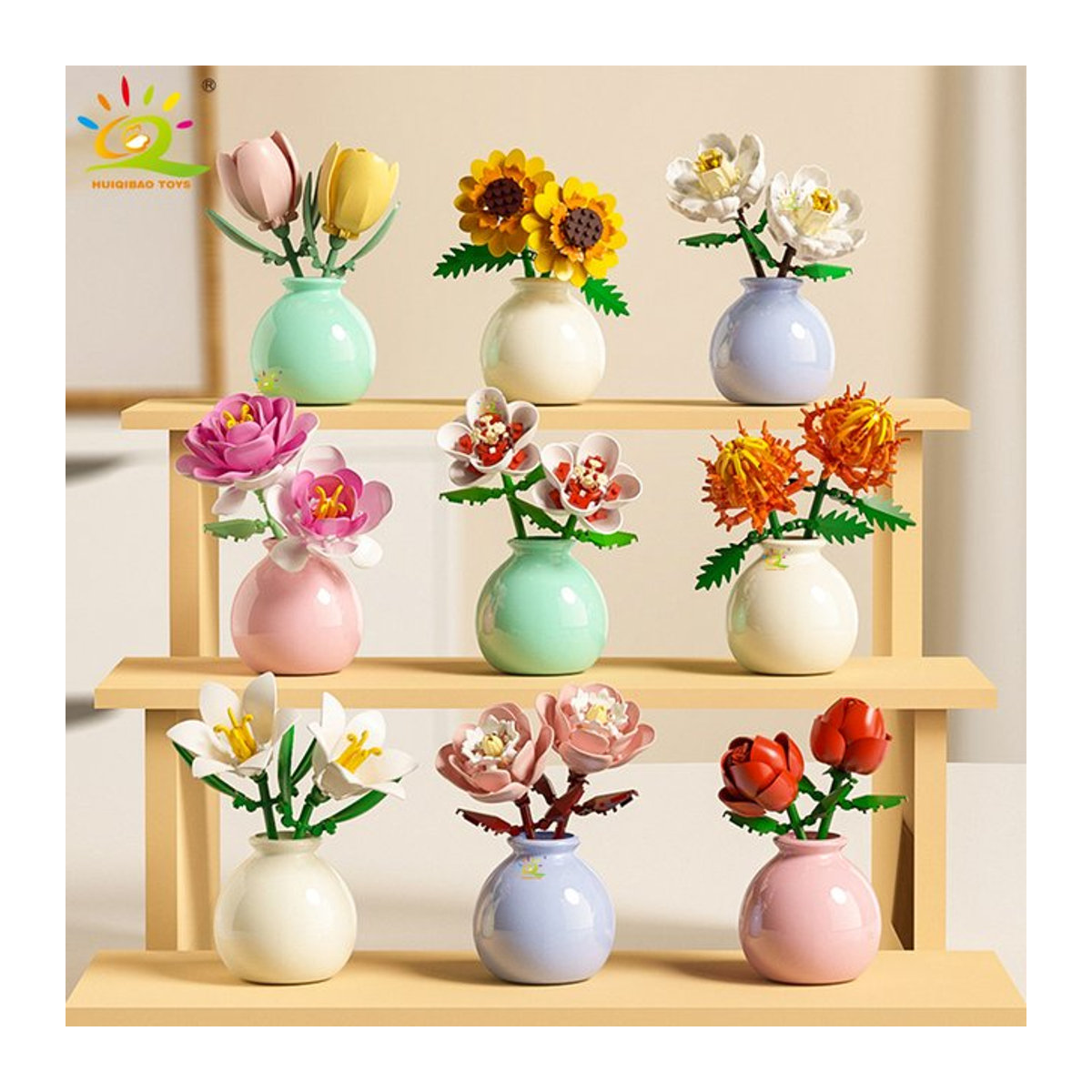 HUIQIBAO MOC Blumenstrauß mit Vase DIY Baustein Set, Mehrfarbiger ewiger Blumenstrauß als Deko-Pflanze für Schreibtisch und Home Office, Spielzeug für Kinder - Bild 1