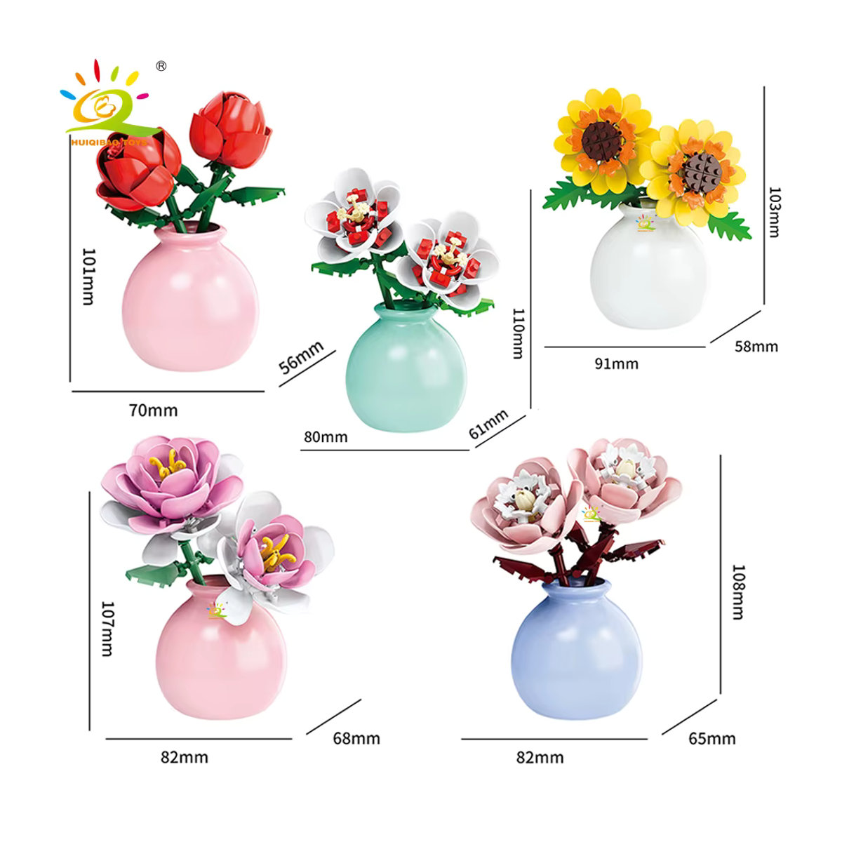HUIQIBAO MOC Blumenstrauß mit Vase DIY Baustein Set, Mehrfarbiger ewiger Blumenstrauß als Deko-Pflanze für Schreibtisch und Home Office, Spielzeug für Kinder - Bild 2