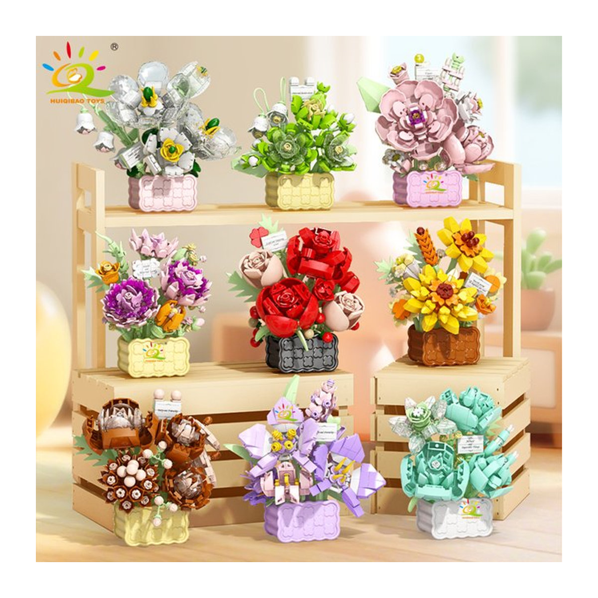 HUIQIBAO MOC Mini Blume mit Vase Micro Baustein Set als ewiger Blumenstrauß für die Schreibtischdekoration, mehrfarbig - Bild 1