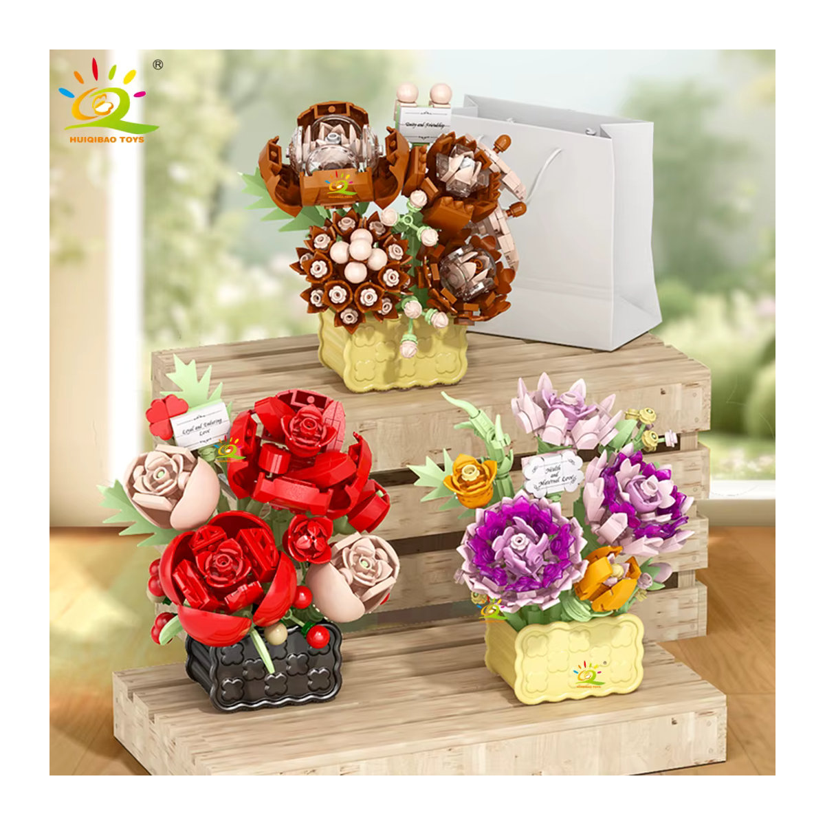 HUIQIBAO MOC Mini Blume mit Vase Micro Baustein Set als ewiger Blumenstrauß für die Schreibtischdekoration, mehrfarbig - Bild 3
