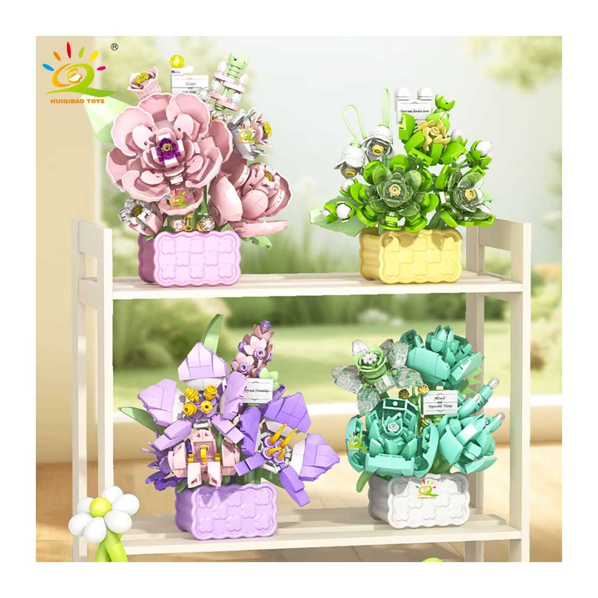 HUIQIBAO MOC Mini Blume mit Vase Micro Baustein Set als ewiger Blumenstrauß für die Schreibtischdekoration, mehrfarbig - Bild 4