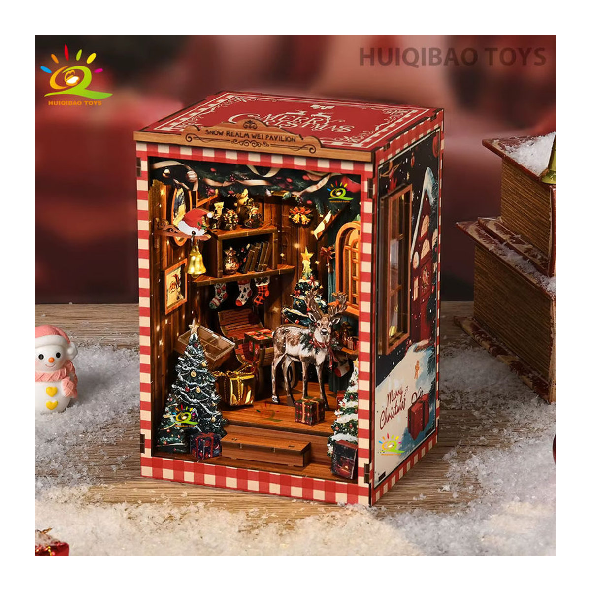HUIQIBAO Vintage Weihnachten Rentier 3D Holz Puzzle als DIY Desktop Gebäude Szene und Dekoration für Erwachsene, mehrfarbig - Bild 2