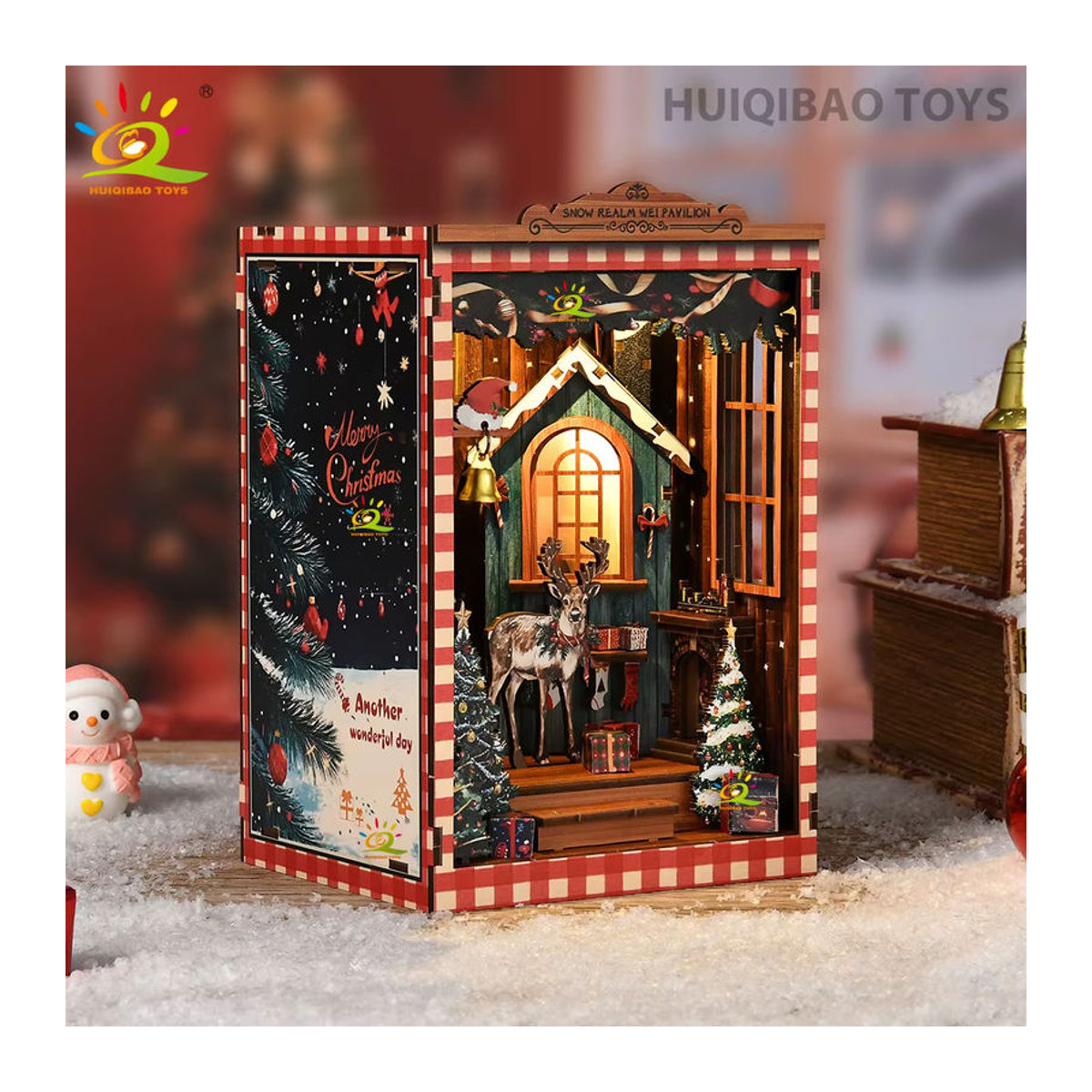 HUIQIBAO Vintage Weihnachten Rentier 3D Holz Puzzle als DIY Desktop Gebäude Szene und Dekoration für Erwachsene, mehrfarbig - Bild 3