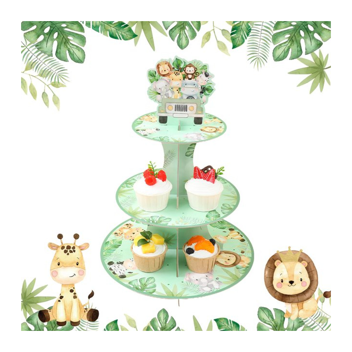 Huiran 3-stöckiger Kuchenständer mit Dschungel-Safari-Tierprint in Grün für Geburtstag und Baby Shower - Bild 1