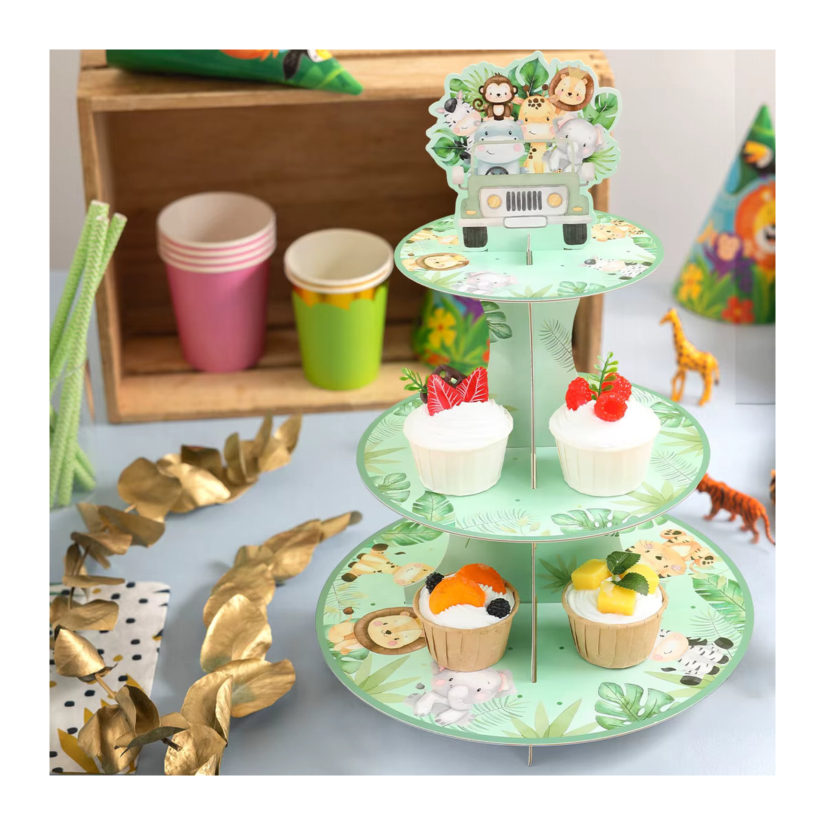 Huiran 3-stöckiger Kuchenständer mit Dschungel-Safari-Tierprint in Grün für Geburtstag und Baby Shower - Bild 2