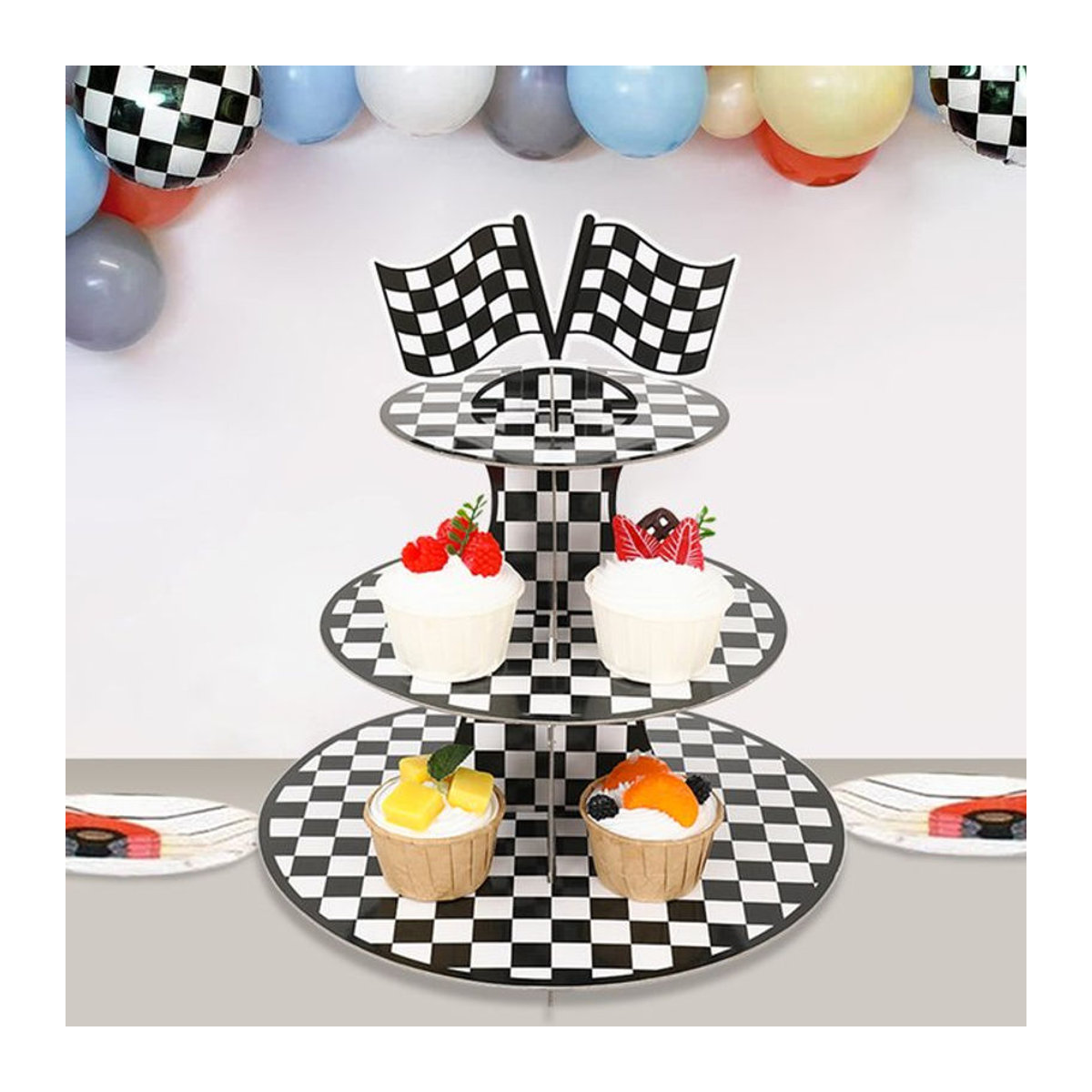 Huiran 3-stufiger Kuchenständer mit Cartoon Racing Auto Design, mehrfarbig und kariert, ideal für Kindergeburtstage und Party-Dekorationen - Bild 1