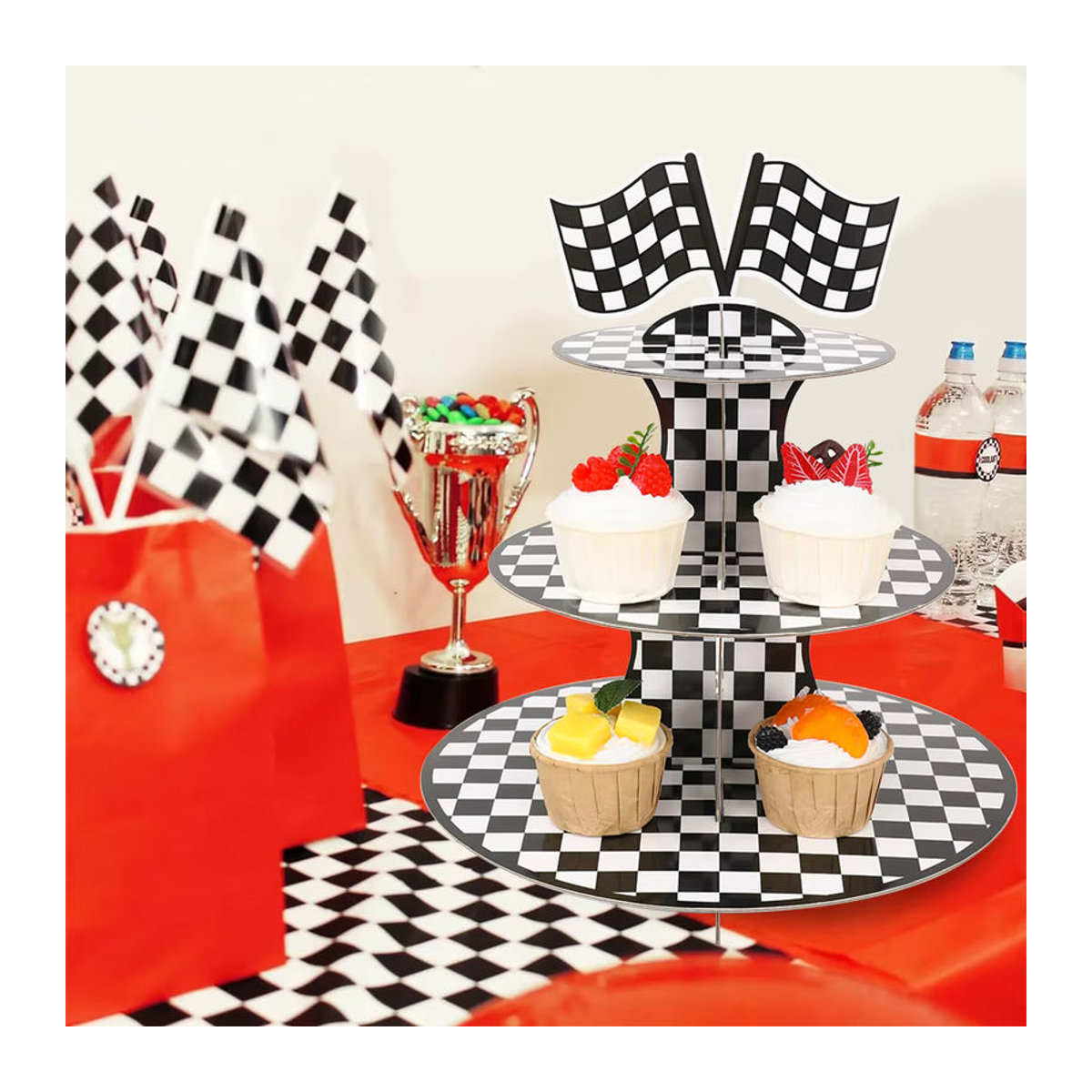 Huiran 3-stufiger Kuchenständer mit Cartoon Racing Auto Design, mehrfarbig und kariert, ideal für Kindergeburtstage und Party-Dekorationen - Bild 2