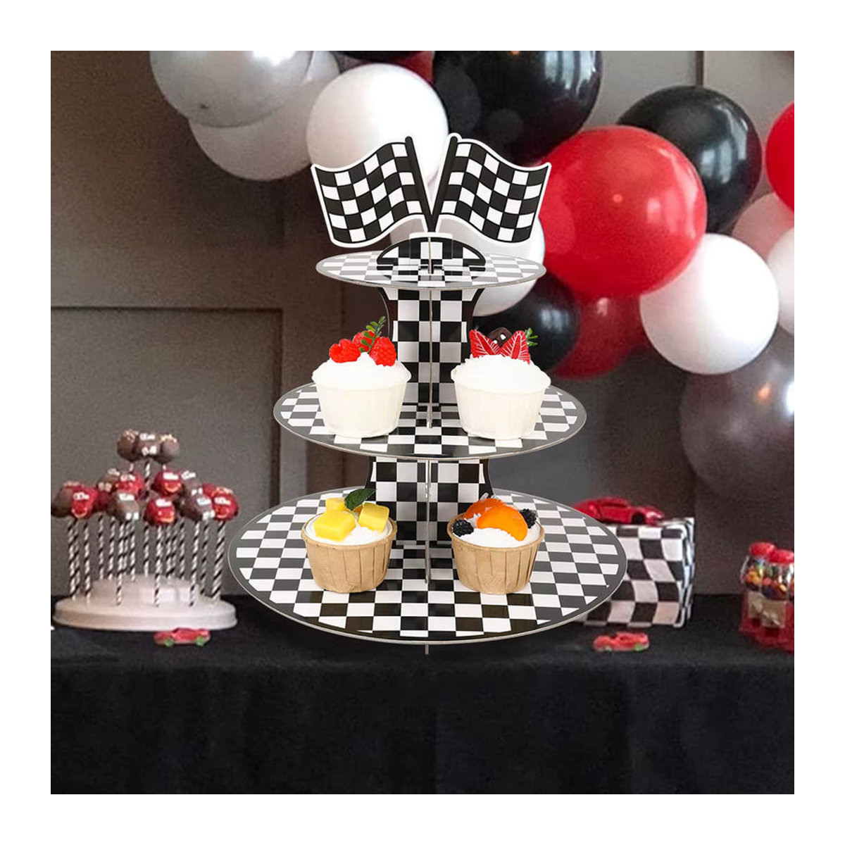 Huiran 3-stufiger Kuchenständer mit Cartoon Racing Auto Design, mehrfarbig und kariert, ideal für Kindergeburtstage und Party-Dekorationen - Bild 3