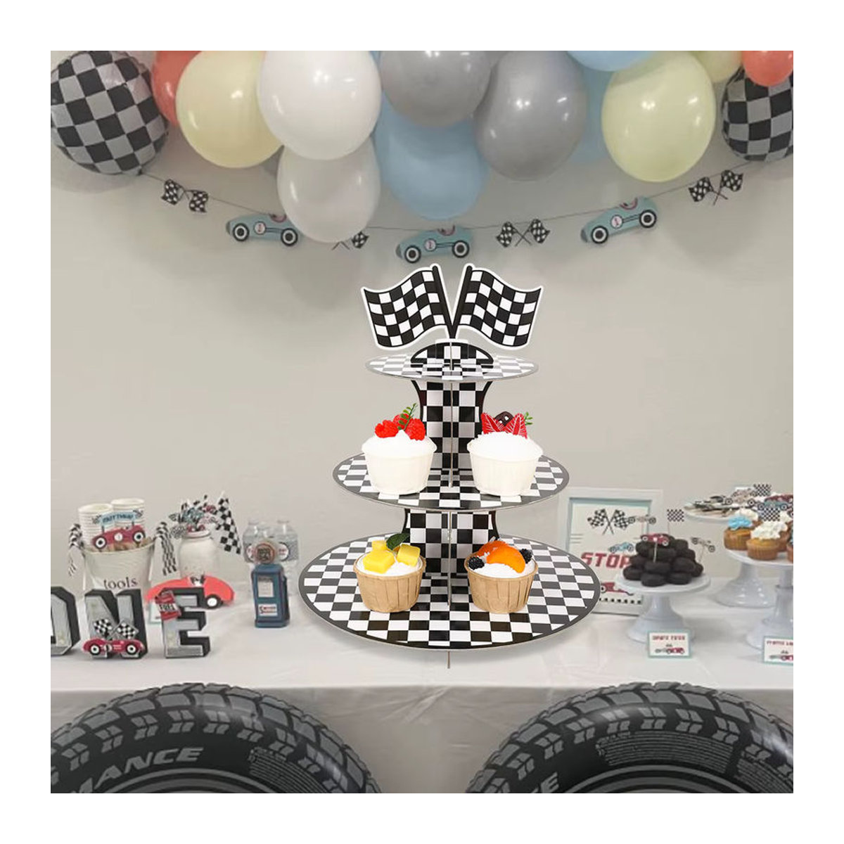 Huiran 3-stufiger Kuchenständer mit Cartoon Racing Auto Design, mehrfarbig und kariert, ideal für Kindergeburtstage und Party-Dekorationen - Bild 4